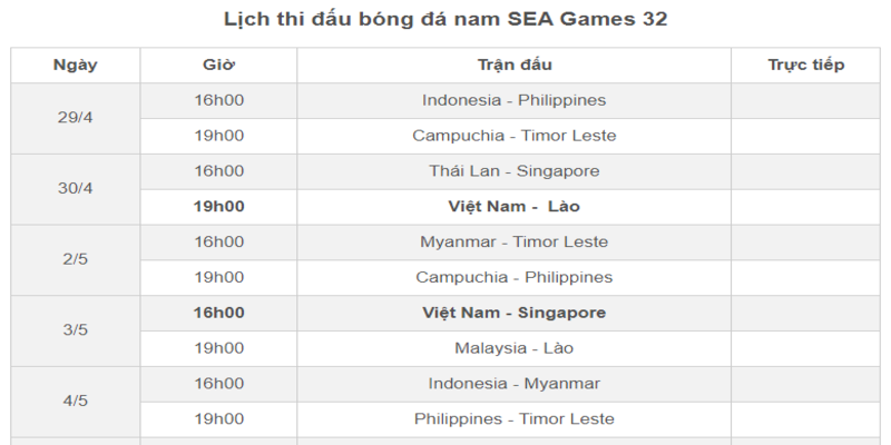 ST666 Lịch trình thi đấu chính thức của Seagame 32